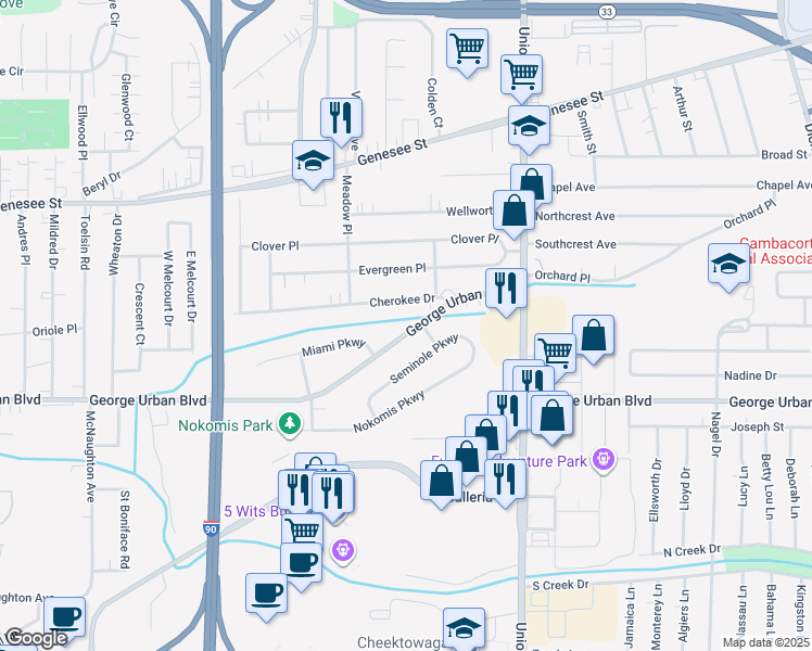 map of restaurants, bars, coffee shops, grocery stores, and more near 910 George Urban Boulevard in Buffalo