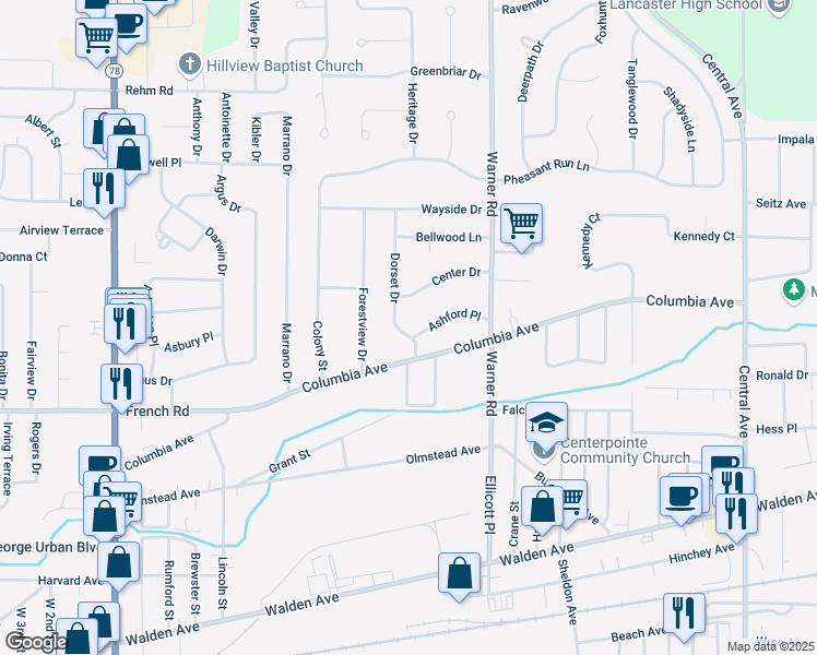 map of restaurants, bars, coffee shops, grocery stores, and more near 2 Ashford Place in Depew