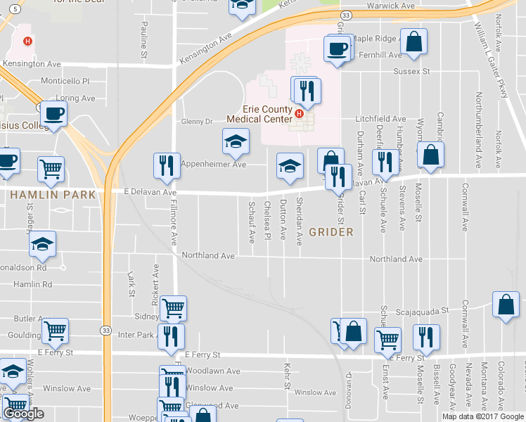 map of restaurants, bars, coffee shops, grocery stores, and more near 228 Chelsea Place in Buffalo