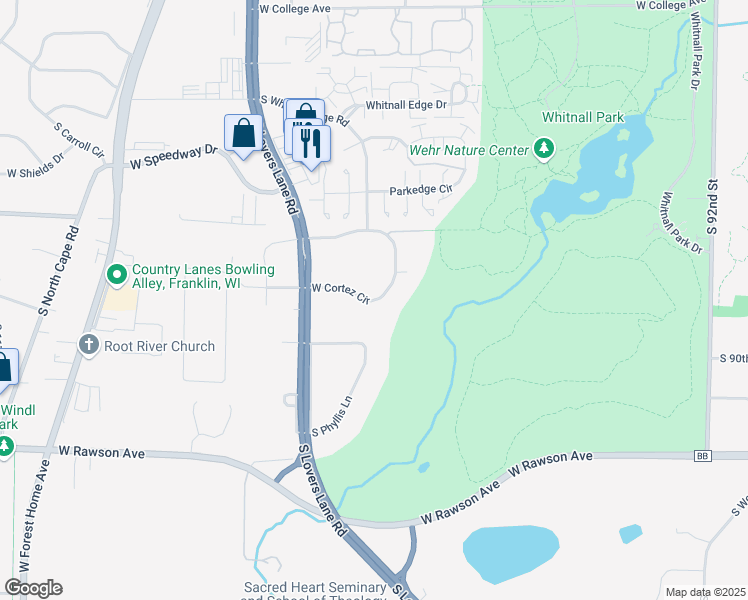 map of restaurants, bars, coffee shops, grocery stores, and more near 10524 West Cortez Circle in Franklin