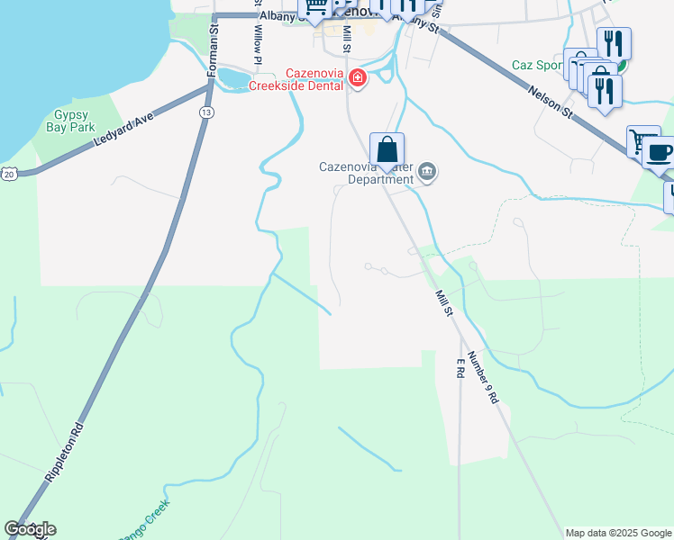 map of restaurants, bars, coffee shops, grocery stores, and more near 21 Gillette Ln in Cazenovia