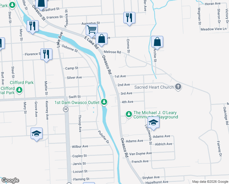 map of restaurants, bars, coffee shops, grocery stores, and more near 7271 Owasco Rd in Auburn