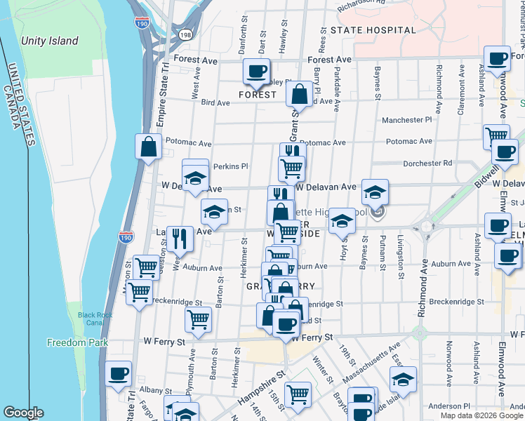 map of restaurants, bars, coffee shops, grocery stores, and more near 118 Congress Street in Buffalo