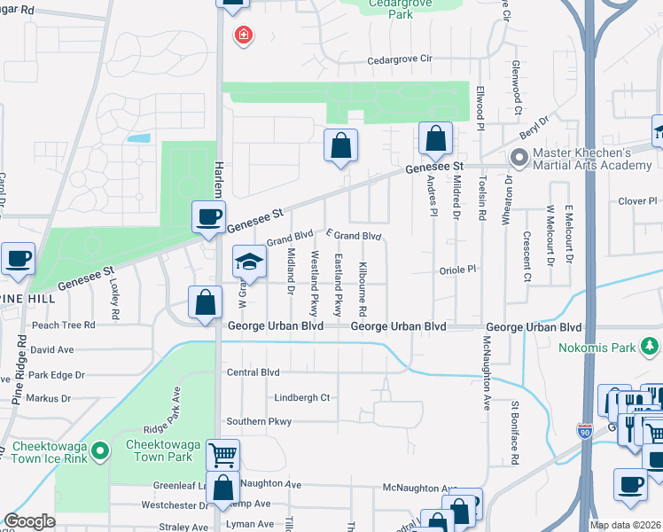 map of restaurants, bars, coffee shops, grocery stores, and more near 222 Eastland Parkway in Buffalo