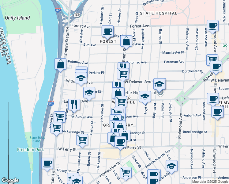 map of restaurants, bars, coffee shops, grocery stores, and more near 119 Congress Street in Buffalo