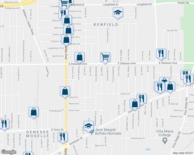 map of restaurants, bars, coffee shops, grocery stores, and more near 231 Newburgh Avenue in Buffalo
