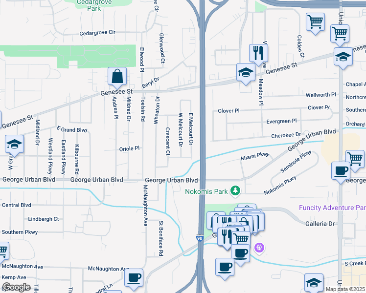 map of restaurants, bars, coffee shops, grocery stores, and more near 25 West Melcourt Drive in Cheektowaga