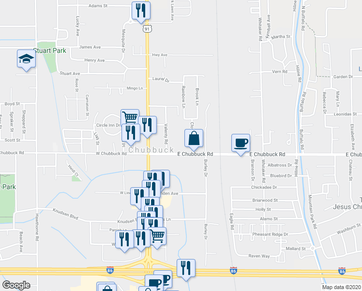 map of restaurants, bars, coffee shops, grocery stores, and more near 210 East Chubbuck Road in Chubbuck