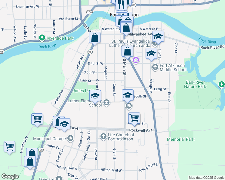 map of restaurants, bars, coffee shops, grocery stores, and more near 618 Grant Street in Fort Atkinson