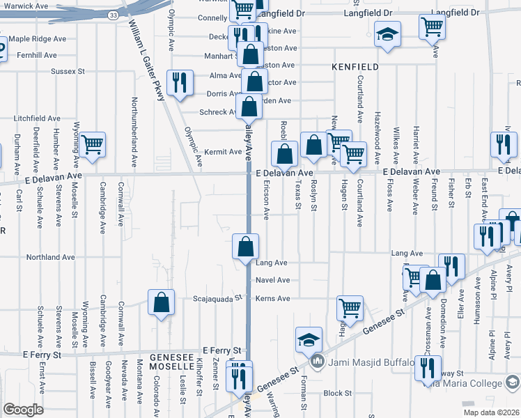 map of restaurants, bars, coffee shops, grocery stores, and more near 118 Wecker St in Buffalo