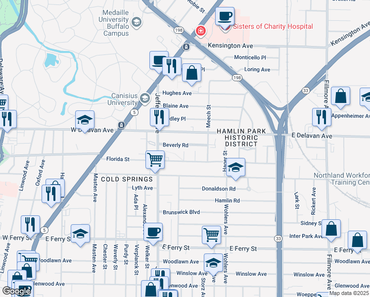 map of restaurants, bars, coffee shops, grocery stores, and more near 51 Beverly Road in Buffalo