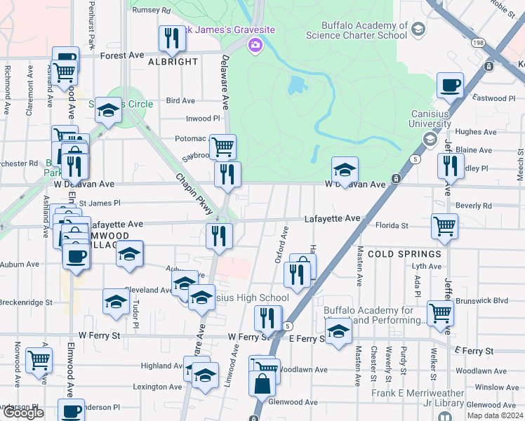 map of restaurants, bars, coffee shops, grocery stores, and more near 684 Linwood Avenue in Buffalo
