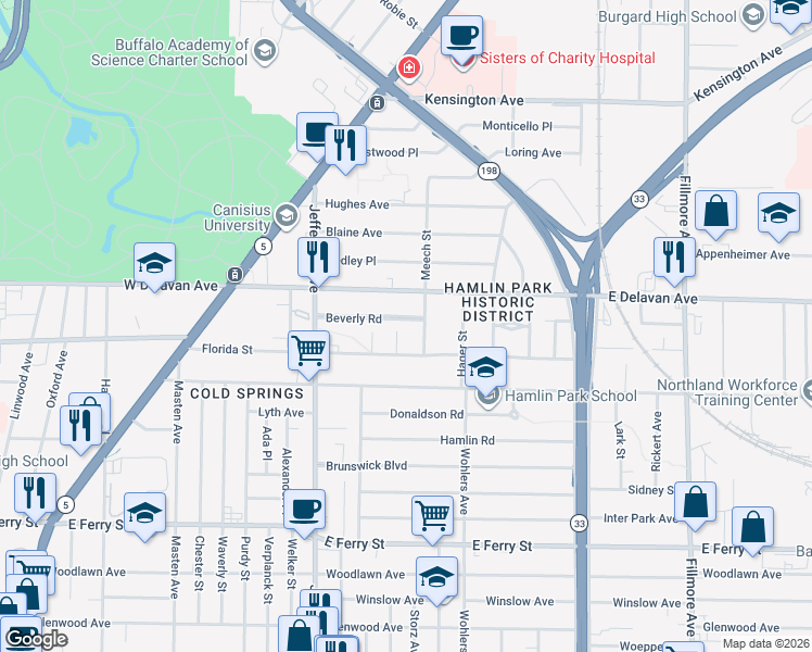map of restaurants, bars, coffee shops, grocery stores, and more near 91 Beverly Road in Buffalo
