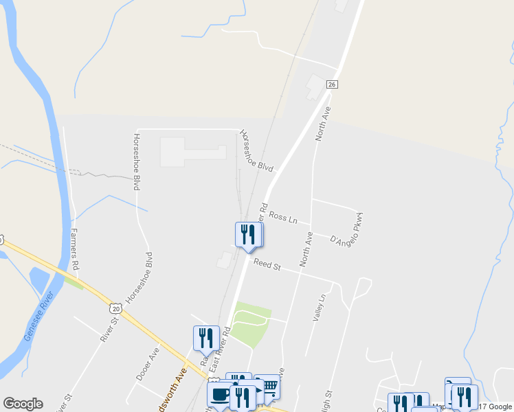 map of restaurants, bars, coffee shops, grocery stores, and more near 301 Rochester Street in Avon