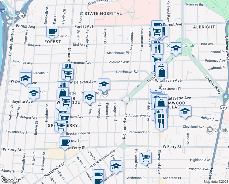 map of restaurants, bars, coffee shops, grocery stores, and more near 49 Ardmore Place in Buffalo
