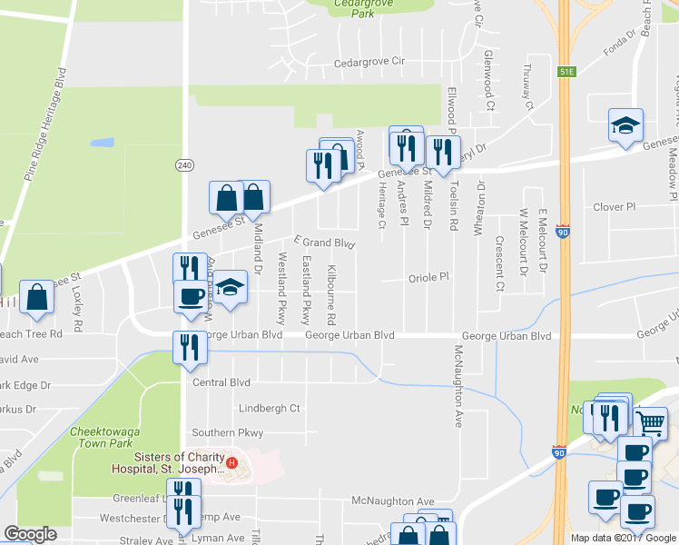 map of restaurants, bars, coffee shops, grocery stores, and more near 135 Kilbourne Road in Buffalo