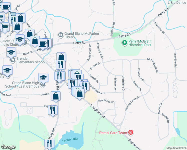map of restaurants, bars, coffee shops, grocery stores, and more near 12751 Joseph Drive in Grand Blanc