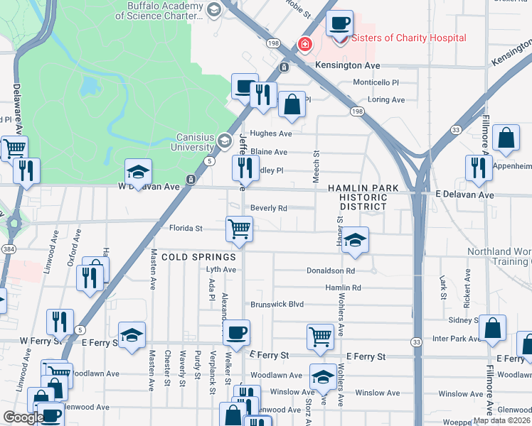 map of restaurants, bars, coffee shops, grocery stores, and more near 51 Beverly Road in Buffalo