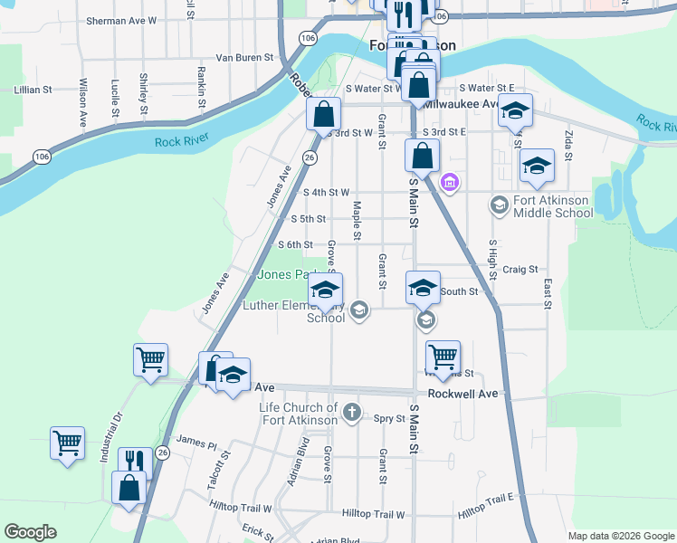 map of restaurants, bars, coffee shops, grocery stores, and more near 619 Grove St in Fort Atkinson