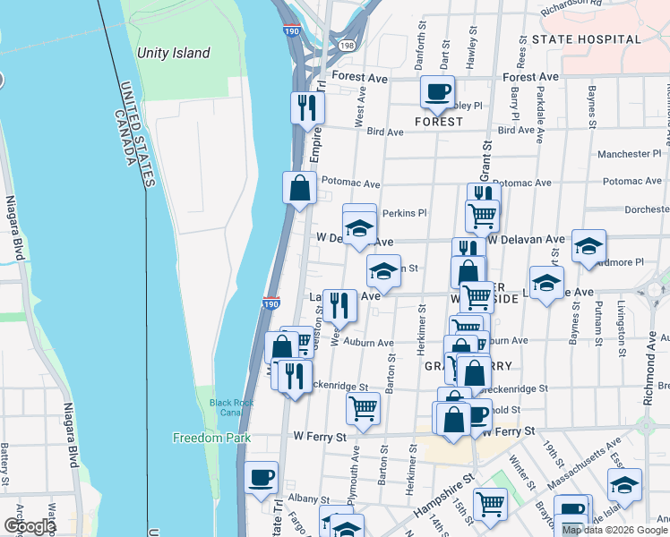 map of restaurants, bars, coffee shops, grocery stores, and more near 35 Penfield Street in Buffalo