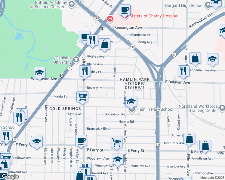 map of restaurants, bars, coffee shops, grocery stores, and more near 30 Pleasant Place in Buffalo