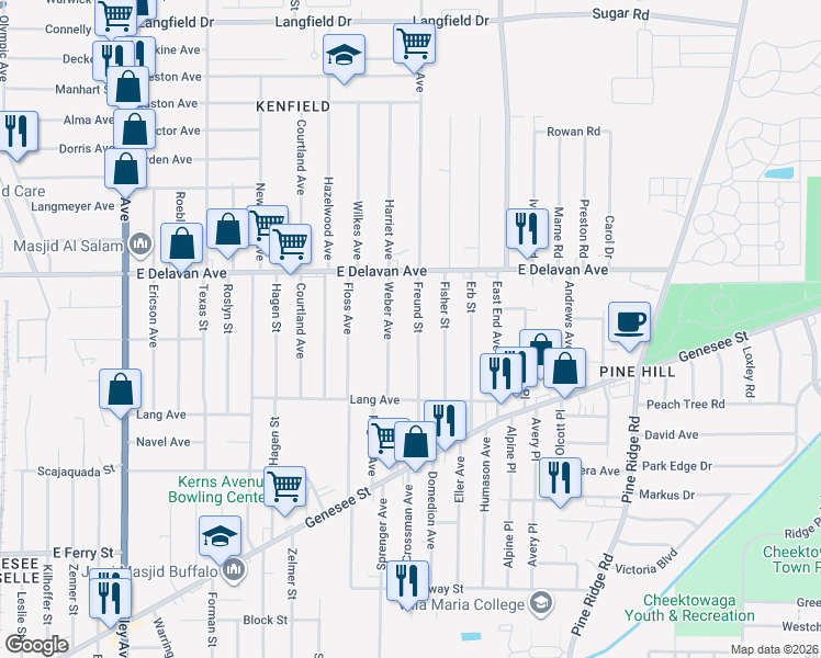 map of restaurants, bars, coffee shops, grocery stores, and more near 134 Freund Street in Buffalo
