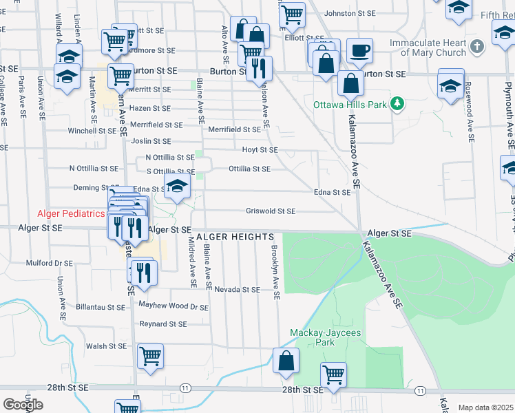 map of restaurants, bars, coffee shops, grocery stores, and more near 1129 Griswold Street Southeast in Grand Rapids