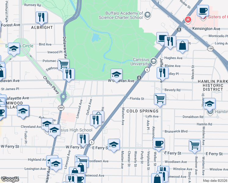 map of restaurants, bars, coffee shops, grocery stores, and more near 1010 Lafayette Avenue in Buffalo
