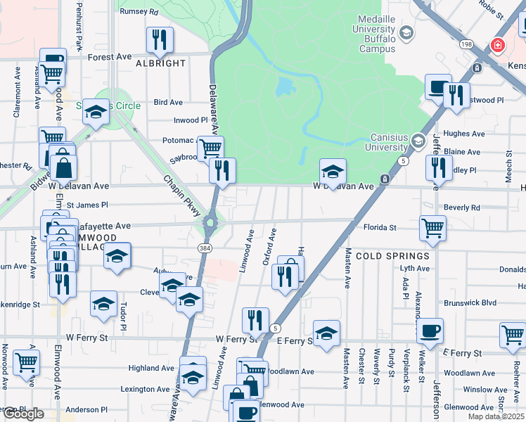 map of restaurants, bars, coffee shops, grocery stores, and more near 210 Oxford Avenue in Buffalo