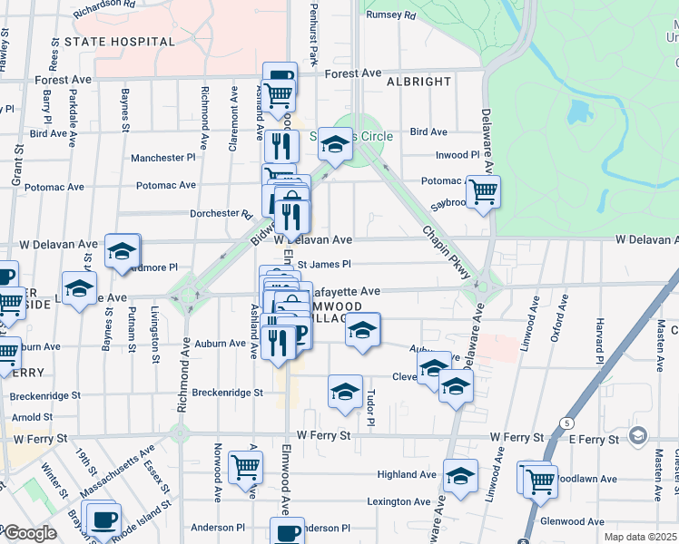 map of restaurants, bars, coffee shops, grocery stores, and more near 142 Saint James Place in Buffalo