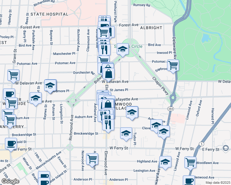 map of restaurants, bars, coffee shops, grocery stores, and more near 184 Saint James Place in Buffalo
