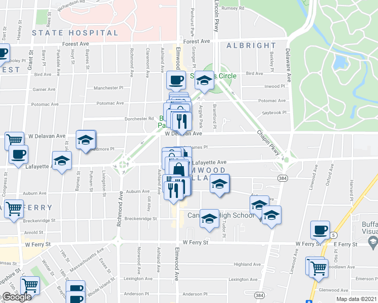 map of restaurants, bars, coffee shops, grocery stores, and more near 184 Saint James Place in Buffalo