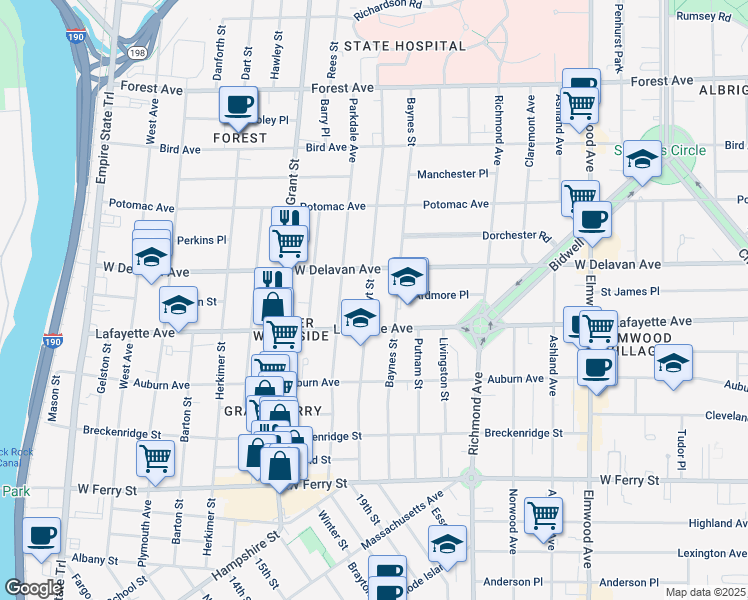 map of restaurants, bars, coffee shops, grocery stores, and more near 199 Hoyt Street in Buffalo