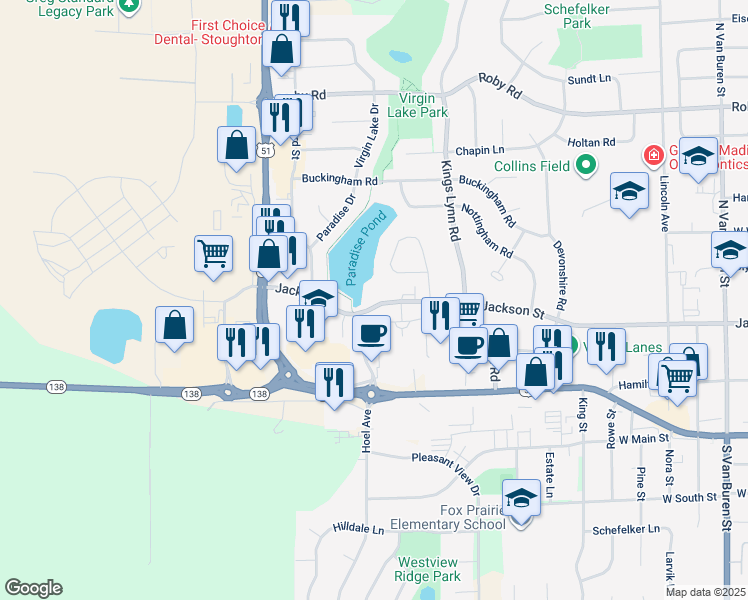 map of restaurants, bars, coffee shops, grocery stores, and more near 2108 Jackson Street in Stoughton