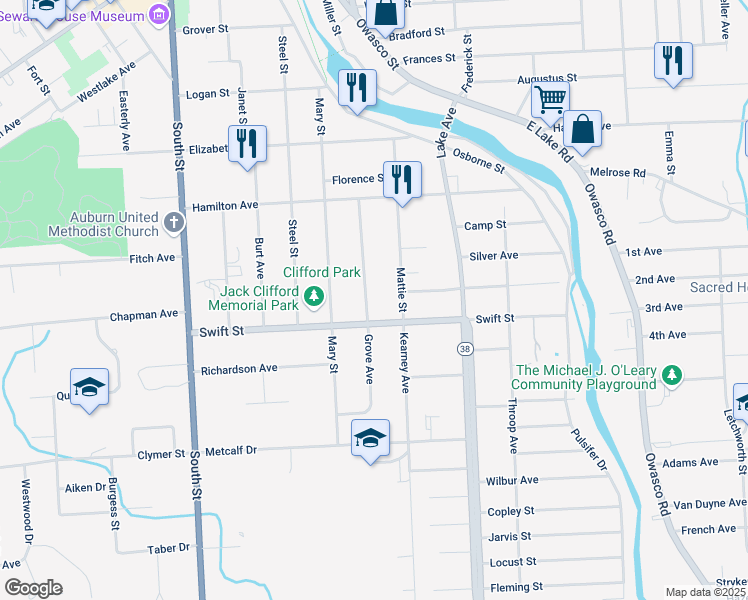 map of restaurants, bars, coffee shops, grocery stores, and more near 44 Grove Avenue in Auburn