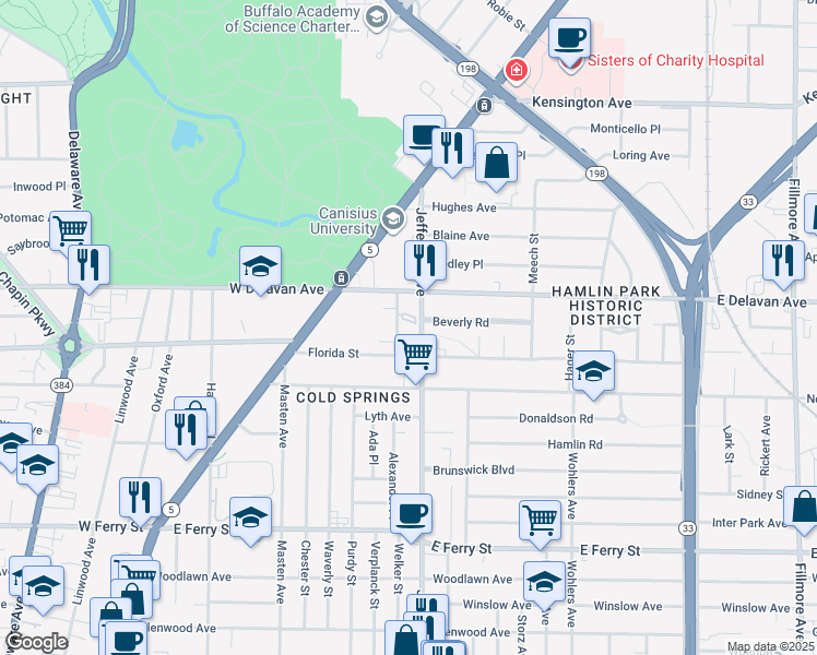 map of restaurants, bars, coffee shops, grocery stores, and more near 1670 Jefferson Avenue in Buffalo