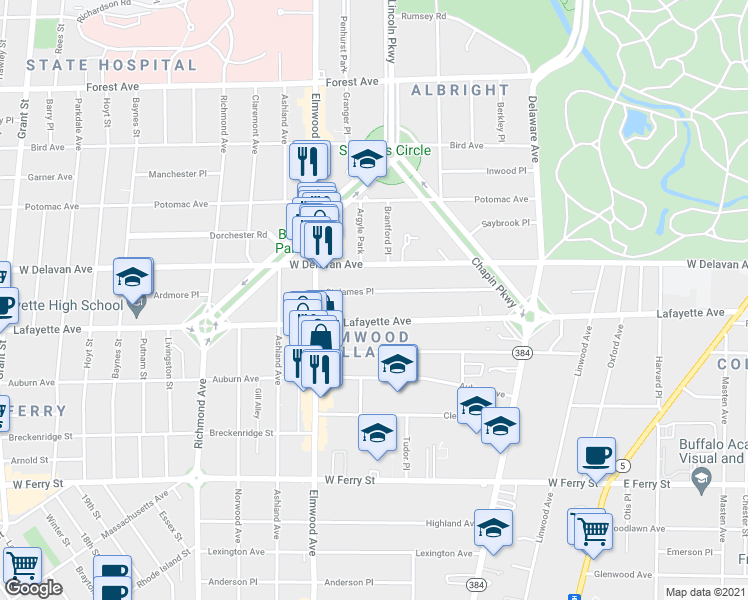map of restaurants, bars, coffee shops, grocery stores, and more near 142 Saint James Place in Buffalo