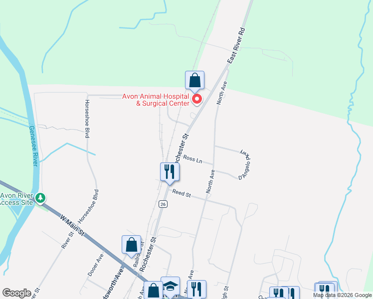 map of restaurants, bars, coffee shops, grocery stores, and more near 301 Ross Lane in Avon