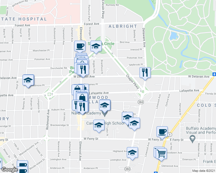 map of restaurants, bars, coffee shops, grocery stores, and more near 102 Saint James Place in Buffalo