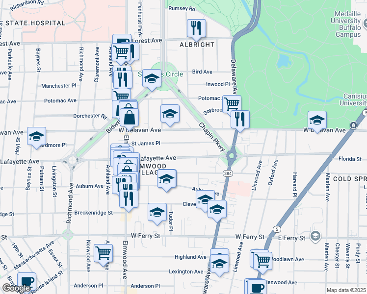 map of restaurants, bars, coffee shops, grocery stores, and more near 78 Saint James Place in Buffalo