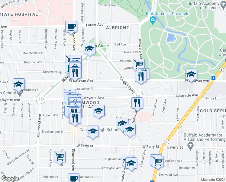 map of restaurants, bars, coffee shops, grocery stores, and more near 62 Saint James Place in Buffalo
