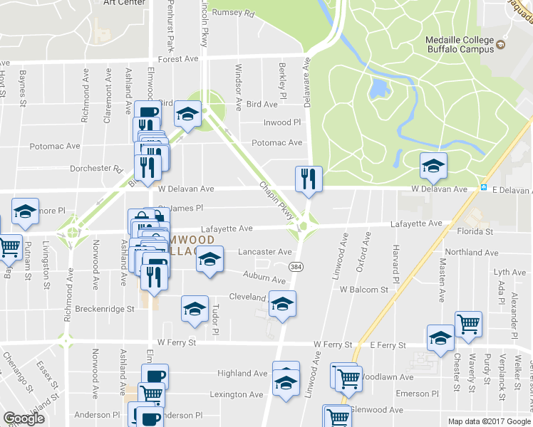 map of restaurants, bars, coffee shops, grocery stores, and more near 24 Saint James Place in Buffalo