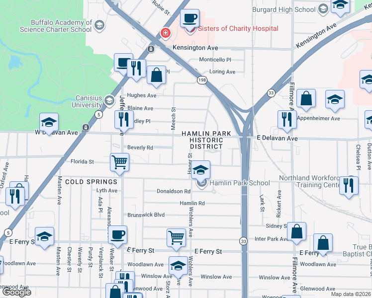 map of restaurants, bars, coffee shops, grocery stores, and more near 25 Pleasant Place in Buffalo