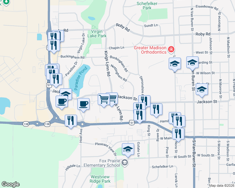 map of restaurants, bars, coffee shops, grocery stores, and more near 1716 Jackson Street in Stoughton