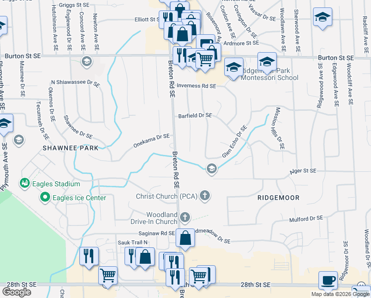 map of restaurants, bars, coffee shops, grocery stores, and more near 2321 Rolling Hill Drive Southeast in Grand Rapids