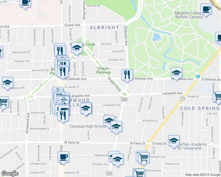 map of restaurants, bars, coffee shops, grocery stores, and more near 16 Saint James Place in Buffalo