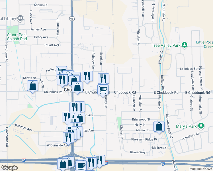 map of restaurants, bars, coffee shops, grocery stores, and more near 4860 Burley Drive in Chubbuck