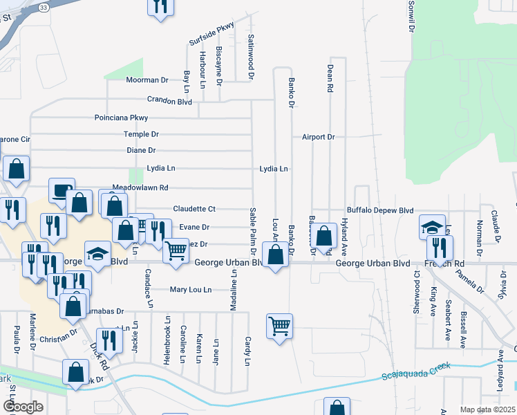 map of restaurants, bars, coffee shops, grocery stores, and more near 61 Sable Palm Drive in Depew