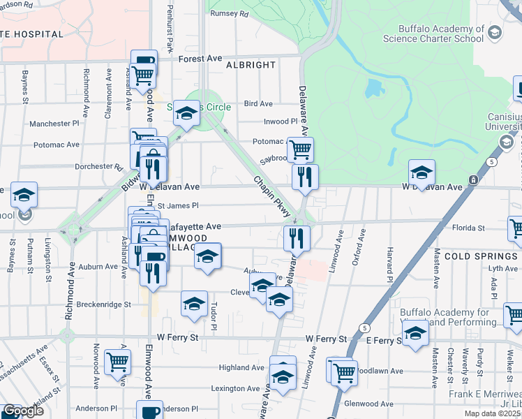 map of restaurants, bars, coffee shops, grocery stores, and more near 16 Saint James Place in Buffalo