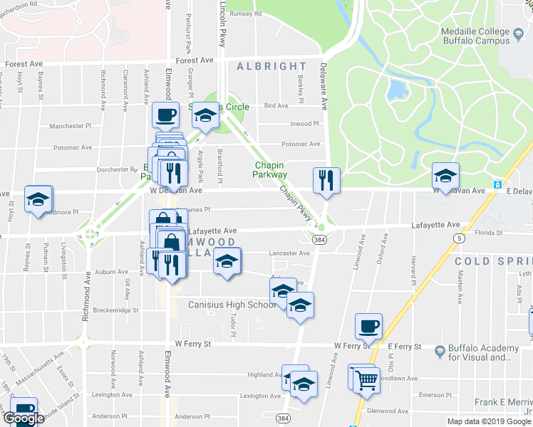 map of restaurants, bars, coffee shops, grocery stores, and more near 62 Saint James Place in Buffalo